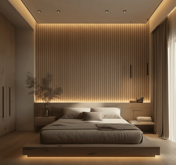 بديل خشب بلون البلوط الفاتح بإضاءة دافئة